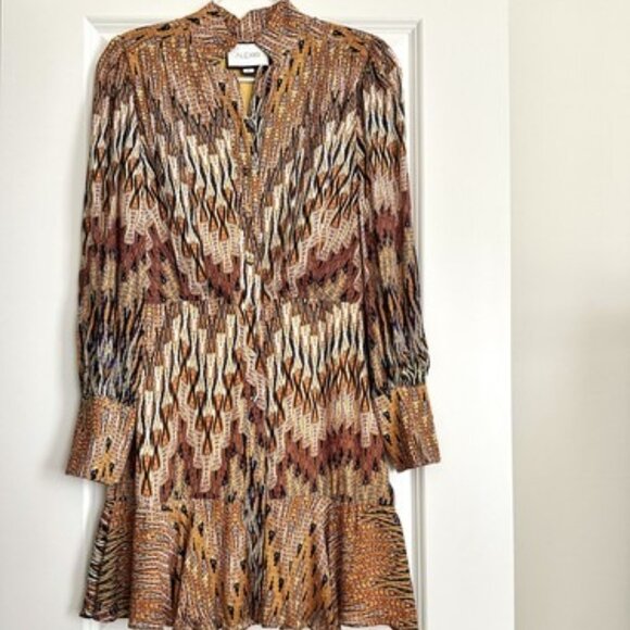 ALEXIS Long Sleeve Ikat Belted Mini Dress in Brown Multi Size S - Picture 1 of 13
